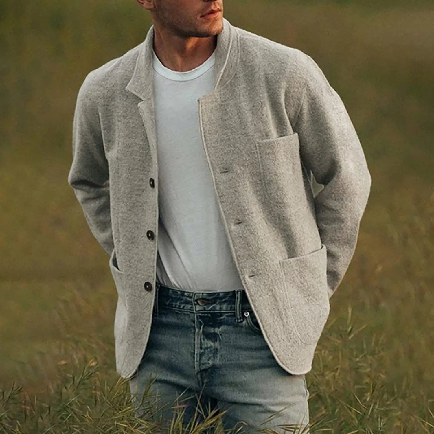 Men's casual relaxed fit blazer with button closure and functional pockets for office or event wear