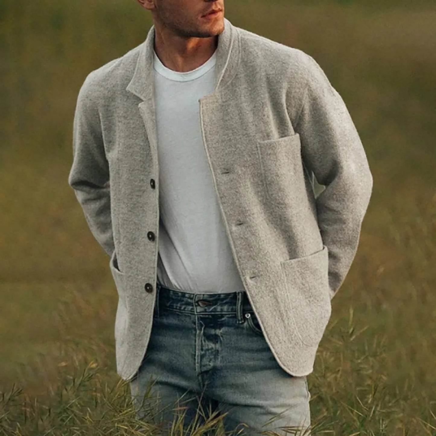 Men's casual relaxed fit blazer with button closure and functional pockets for office to event wear