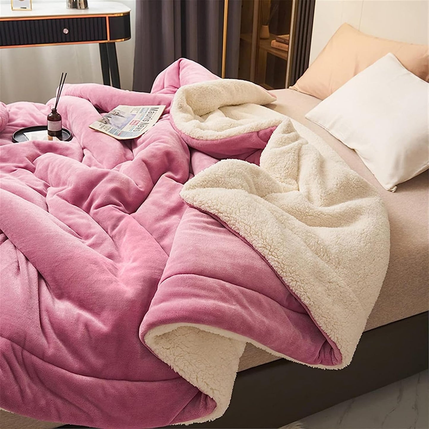 Reversible sherpa flannel throw blanket in neutral tones with dual-texture cozy design for home lounging