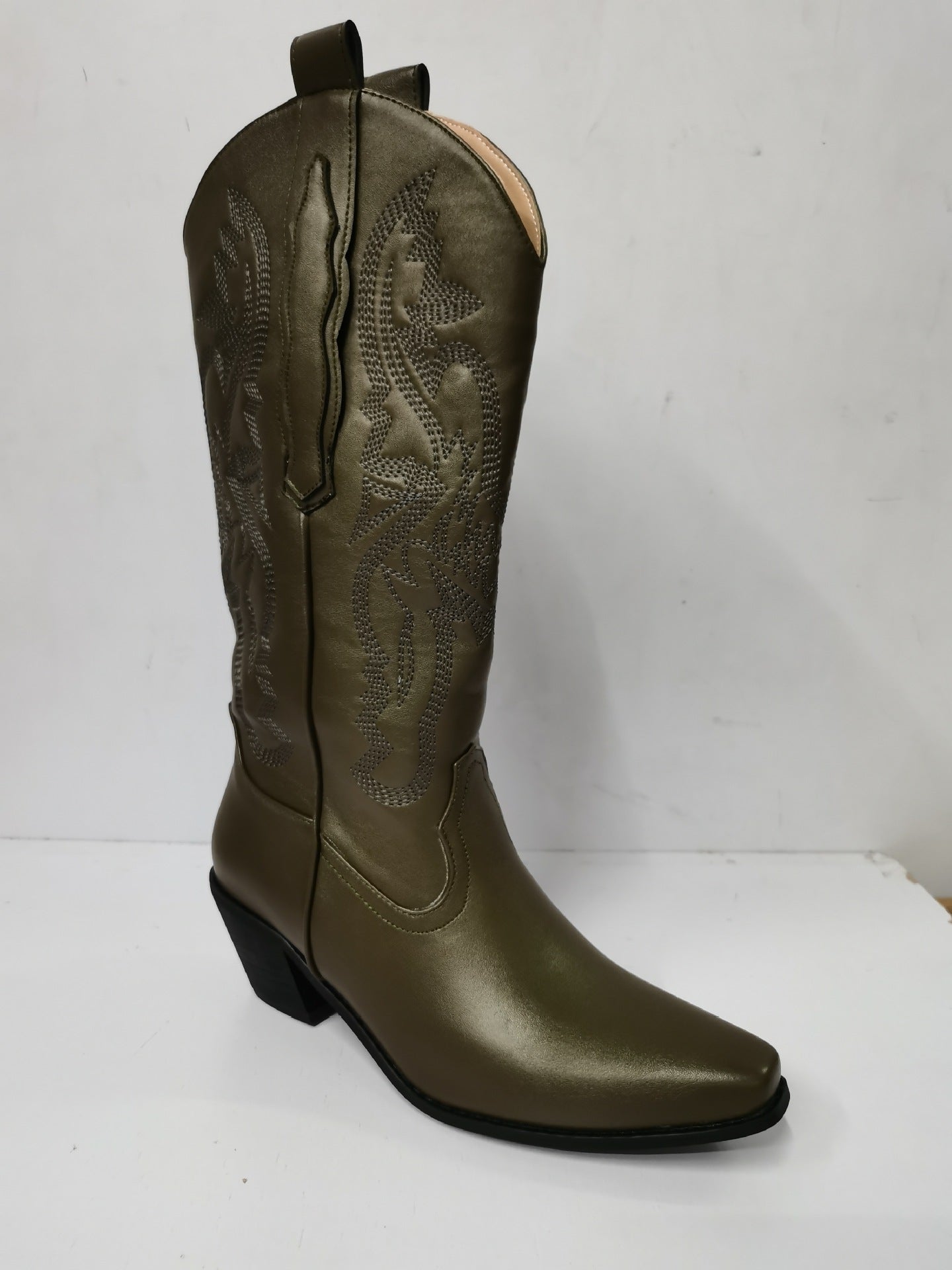 Women's embroidered pointed toe western boots thick heel rivets vintage solid color artificial leather