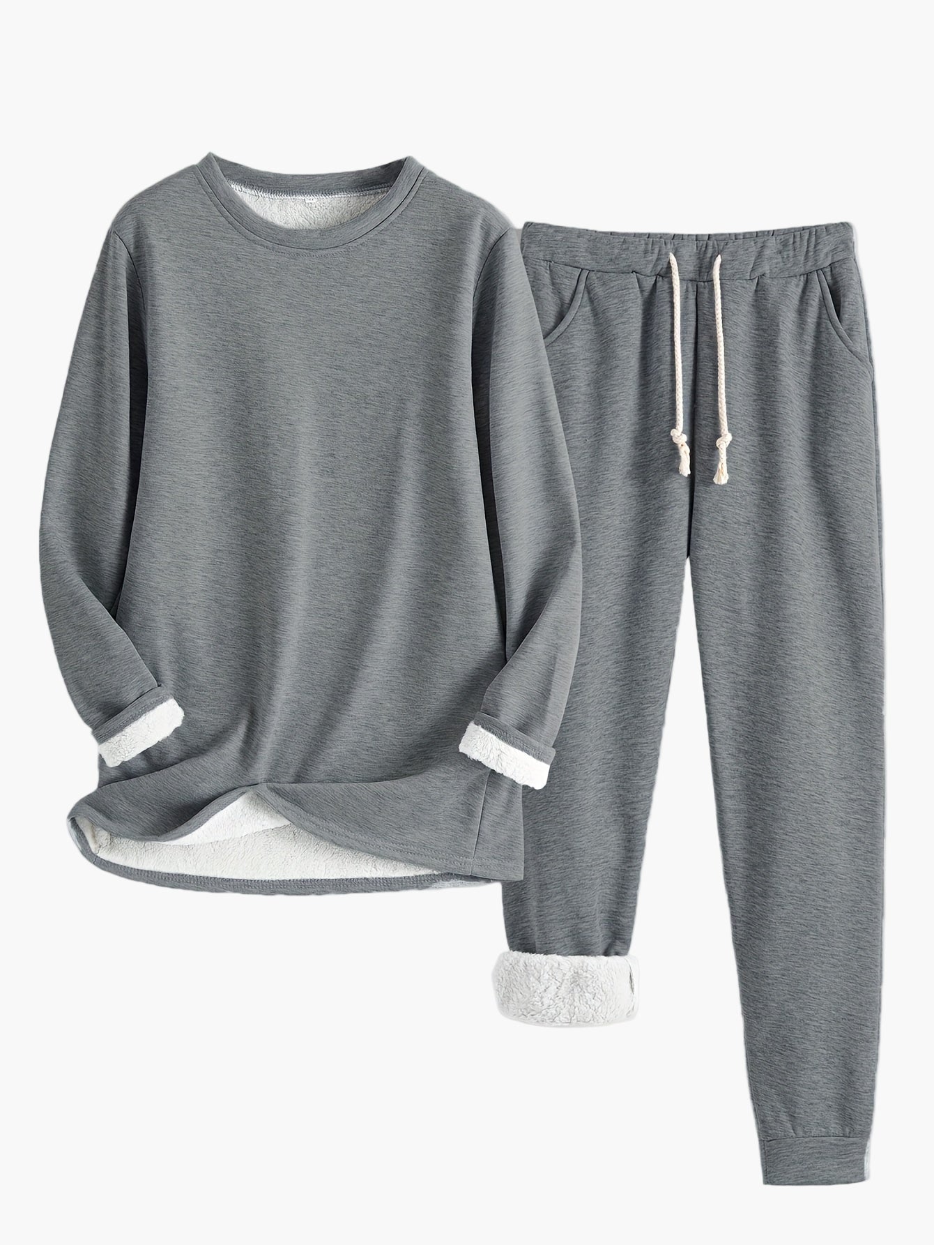 Women's two-piece lounge set soft gray relaxed fit round neck top elastic waistband pants homewear