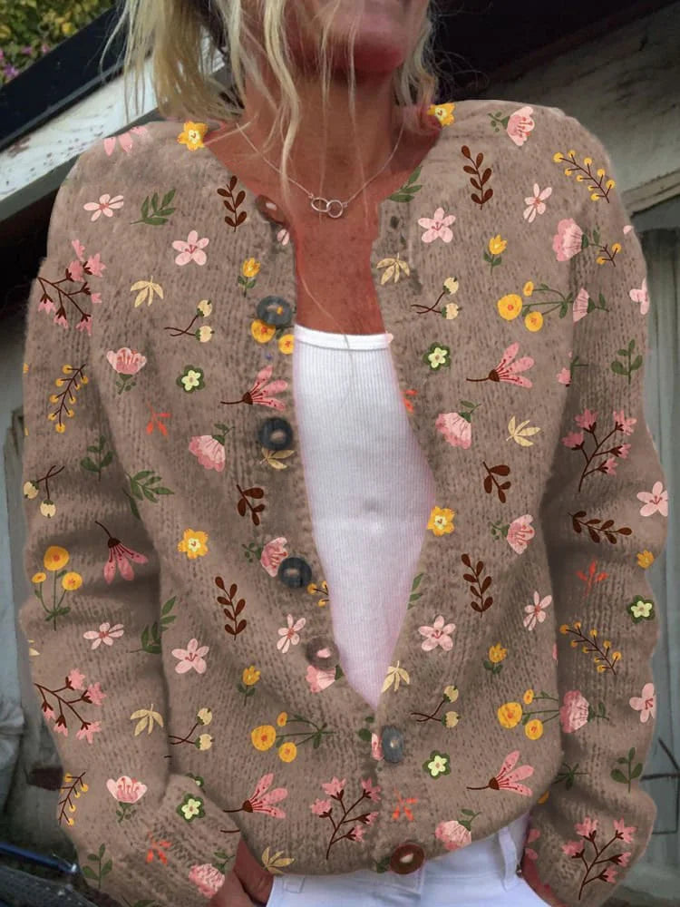 Women's vintage floral knit cardigan with flattering fit and delicate floral pattern layering essential