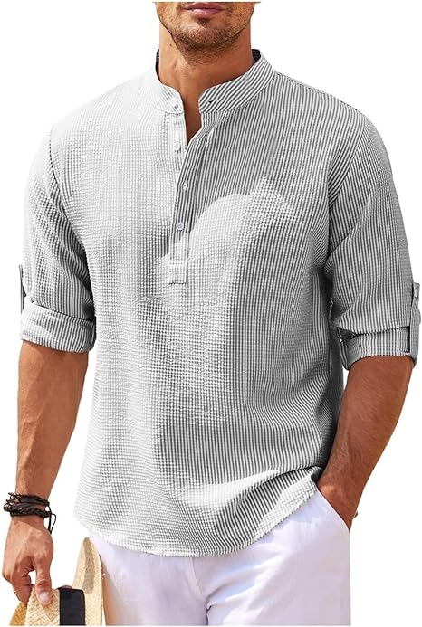 Men's light cotton relaxed fit band collar shirt, breathable mandarin collar casual everyday style