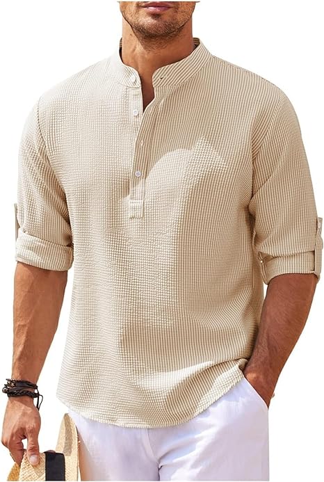 Men's lightweight cotton band collar shirt relaxed fit breathable casual everyday wear mandarin collar
