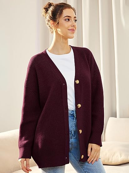 Women's oversized knit button cardigan cozy ribbed V-neck layering essential for fall