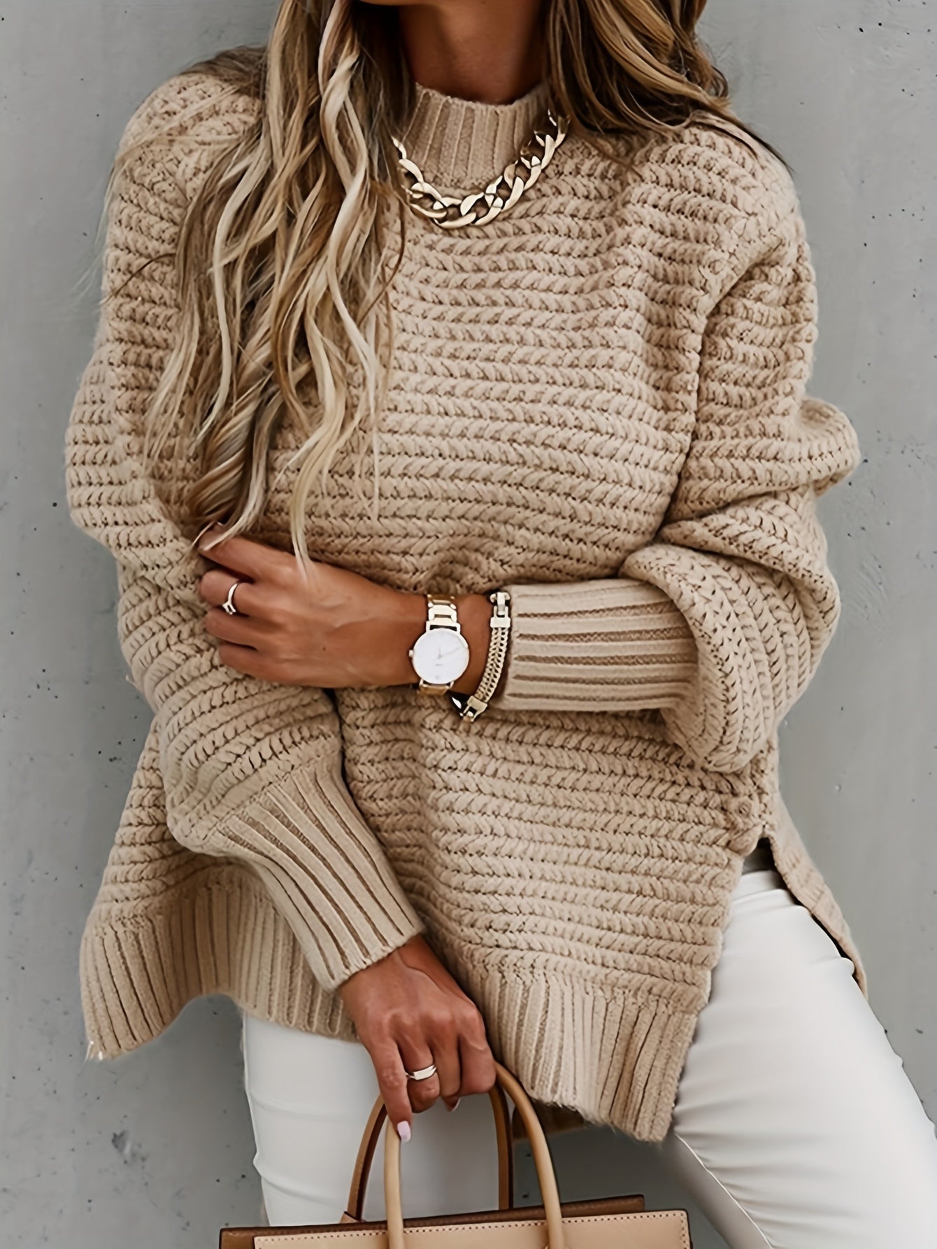Women's chunky knit pullover oversized relaxed fit textured weave cozy cotton sweater