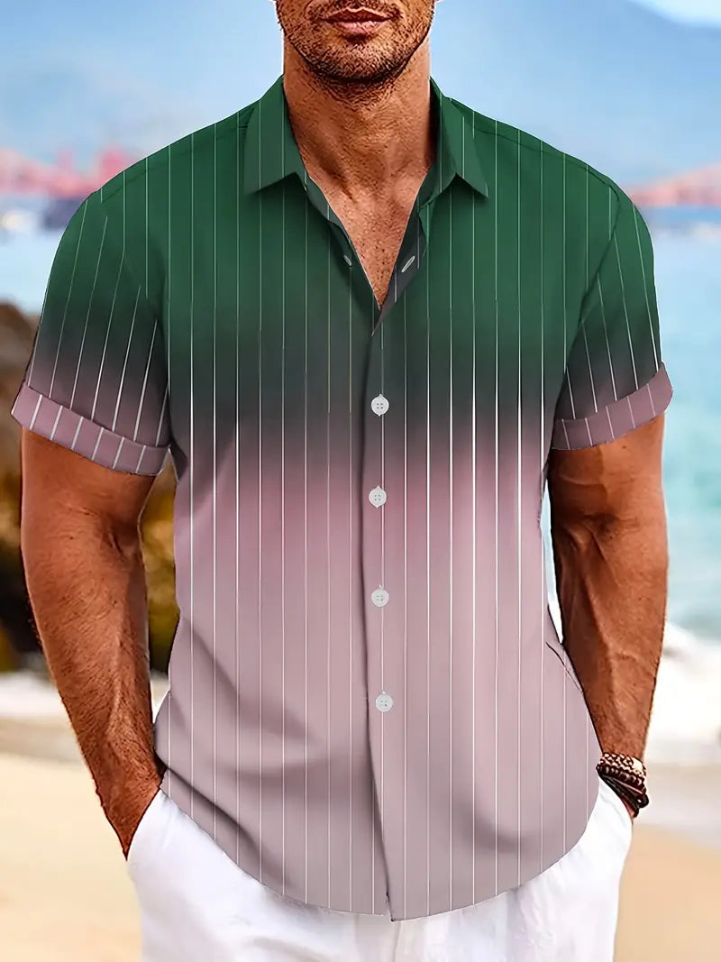 Men's gradient stripe short sleeve button-down shirt, casual semi-formal spring summer style