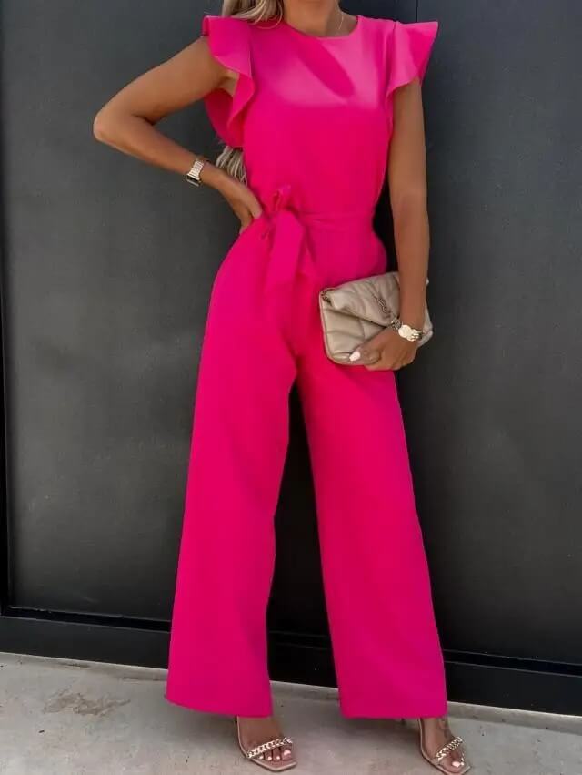 Amber | Women's Ruffle Sleeve Wide Leg Jumpsuit Belted Elegant