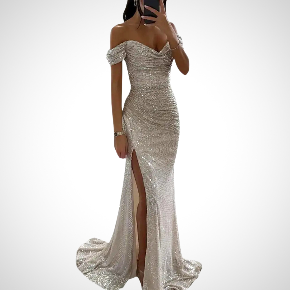 Lucinda black strapless long dress with fluid silhouette and elegant shoulder-baring neckline