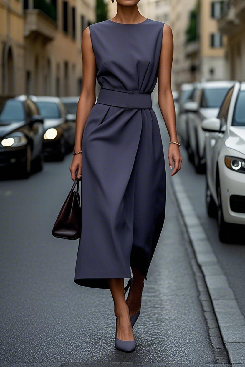 Women's elegant solid color waist dress, cotton blend, regular length, refined autumn winter style