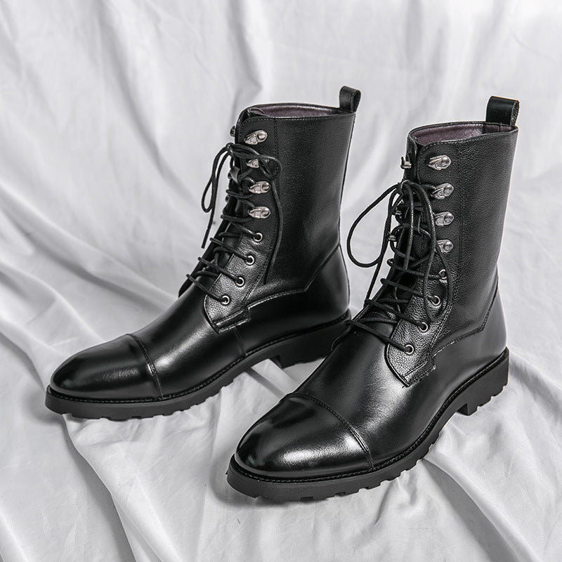 Men's brown handmade leather lace-up boots with durable soles and two-tone finish for everyday style