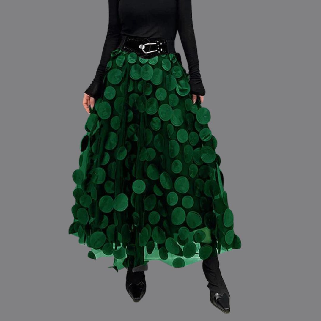 Women's elegant long polka dot skirt timeless silhouette refined femininity versatile everyday chic