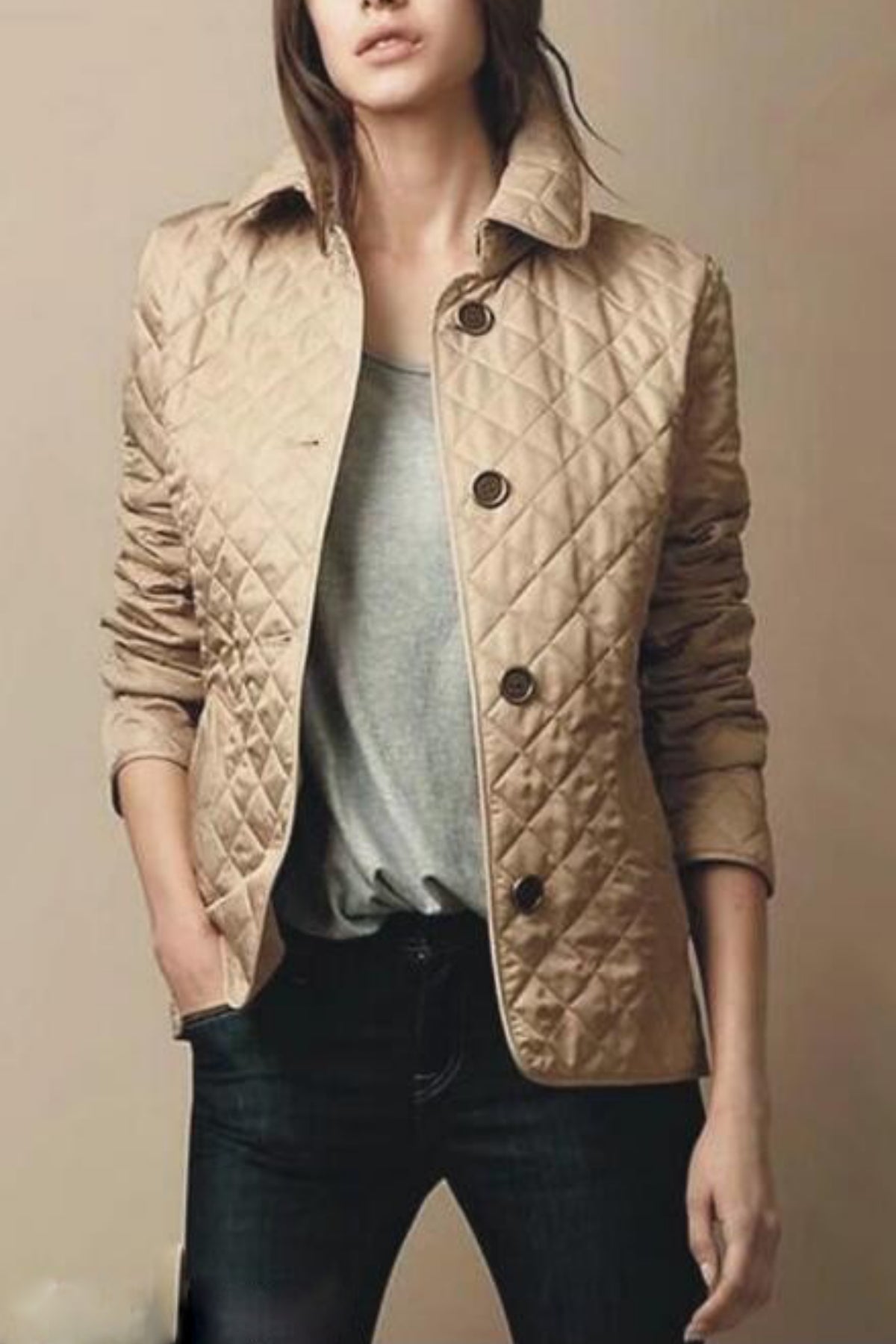 Women's tailored winter puffer jacket diamond quilting button closure versatile fit cold weather