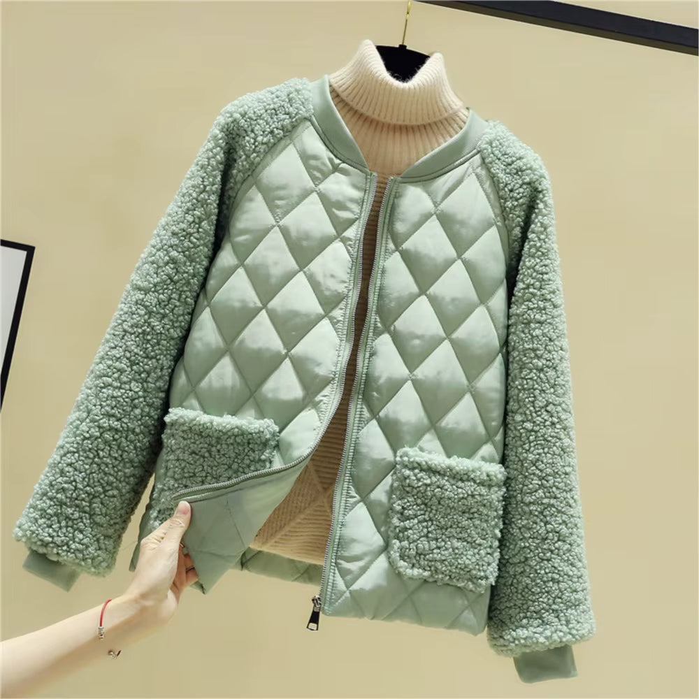 Sierra teddy bomber jacket diamond-quilt body plush sherpa sleeves cozy cold weather style