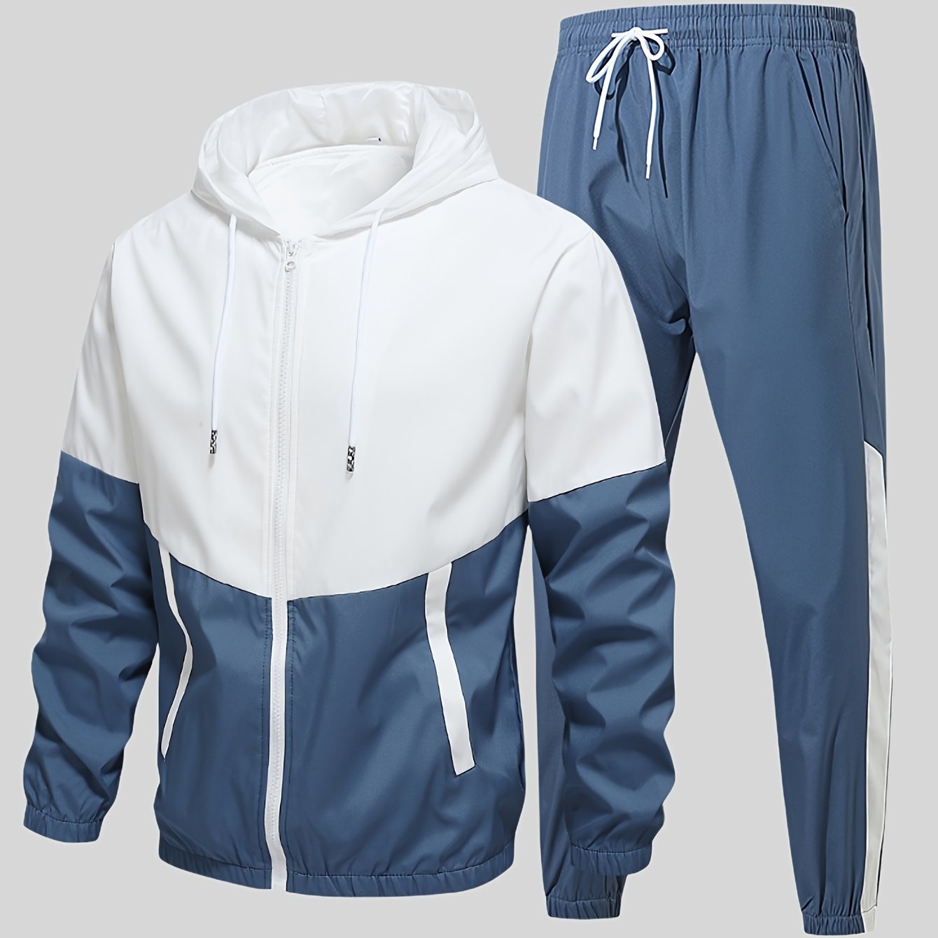 Men's color block hoodie tracksuit set, comfort fit two-piece leisure wear for home and activity