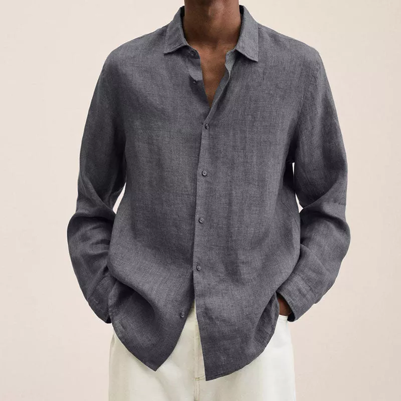 Men's casual linen shirt in neutral tone with spread collar, breathable fabric for all-day comfort
