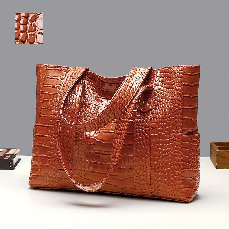 Women's large embossed shoulder tote bag with double straps and spacious interior for everyday use