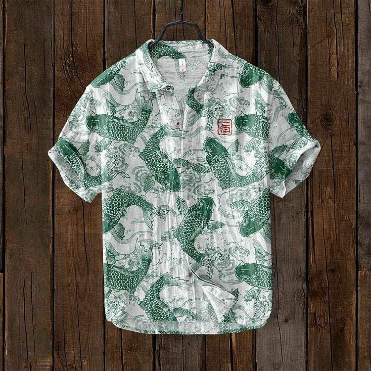 Beige linen blend shirt Japanese vintage fish art print relaxed fit unisex breathable button-up