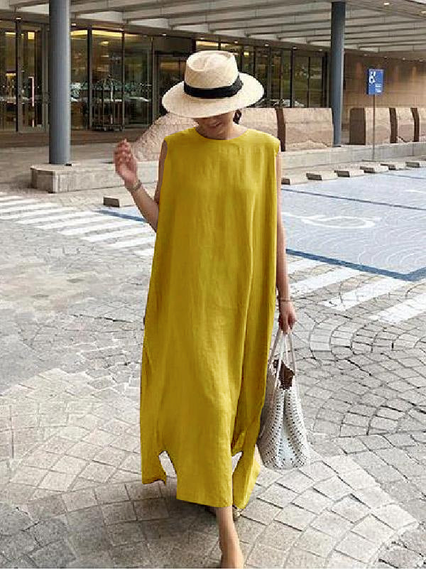 Boho linen-cotton blend dress with round neck, side slit, breathable one-size fit for women