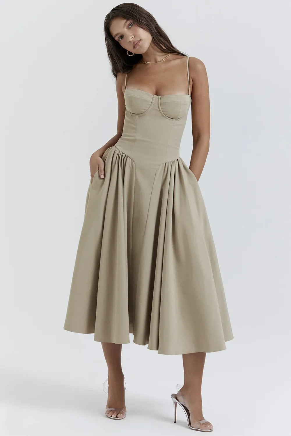 Sleeveless midi dress with corset cut waist, elegant silhouette-enhancing design for special occasions