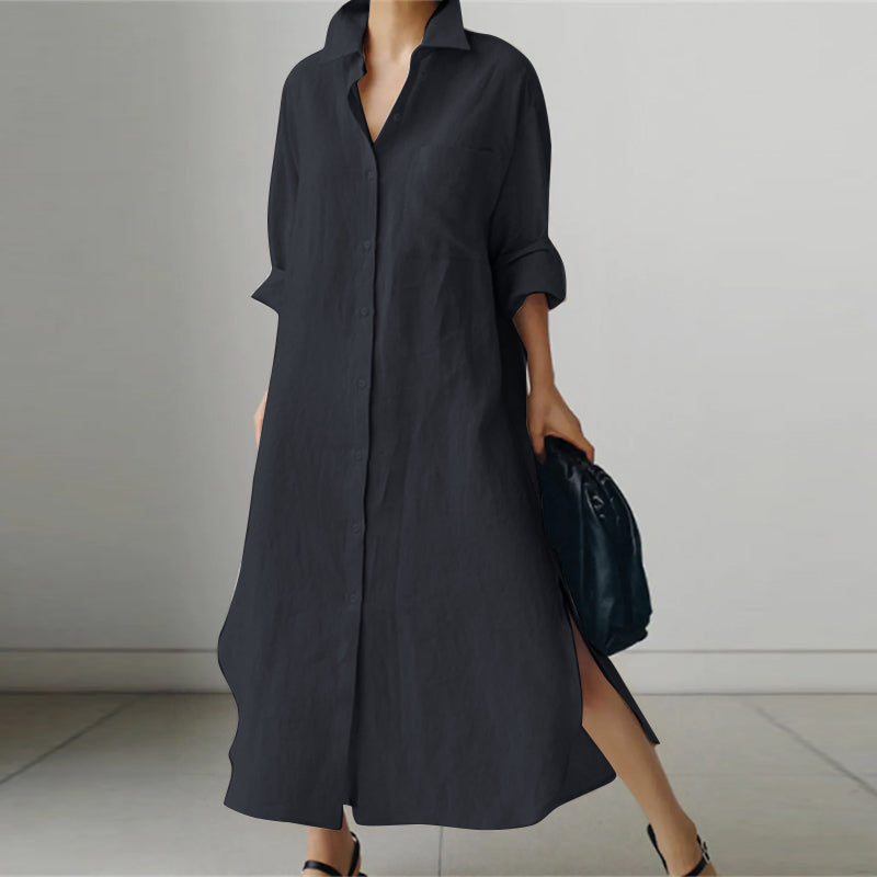 Olympe midi shirt dress with button-up front, structured tailored silhouette in timeless chic style