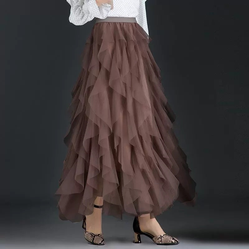 Women's black mesh midi skirt asymmetrical hem figure-flattering silhouette everyday chic style