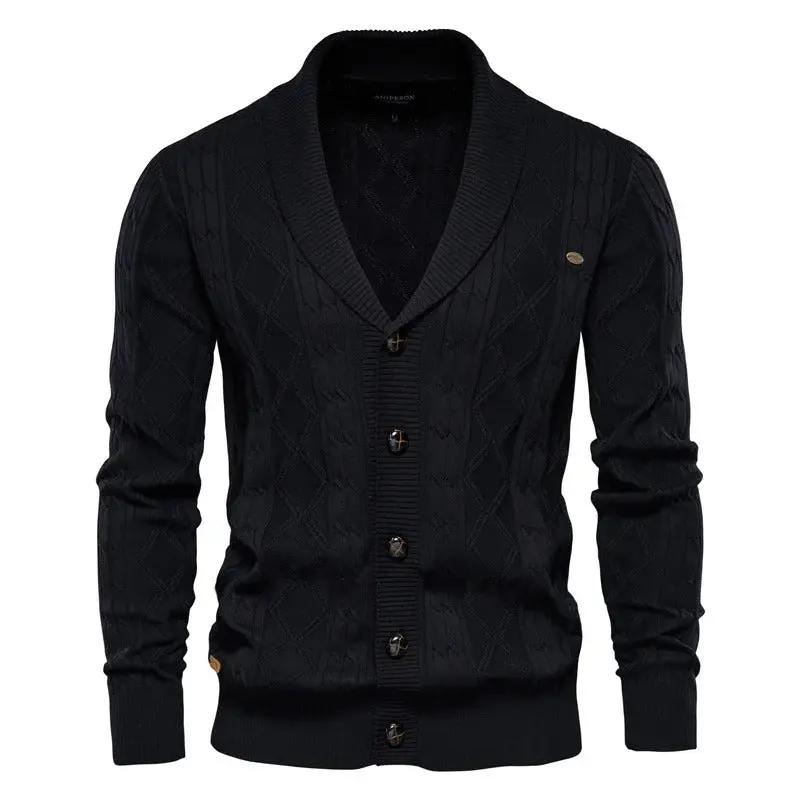 Soft textured knit diamond pattern shawl collar cardigan in classic heritage style for everyday wear