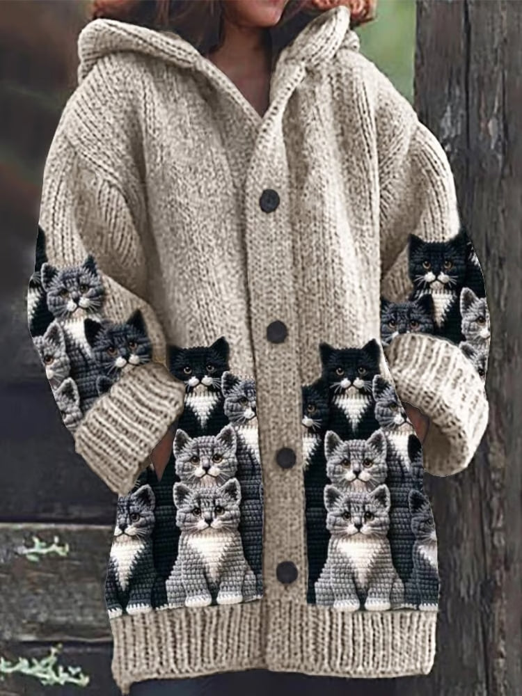 Women's beige regular-fit cat motif cardigan soft knit whimsical design for cat lovers