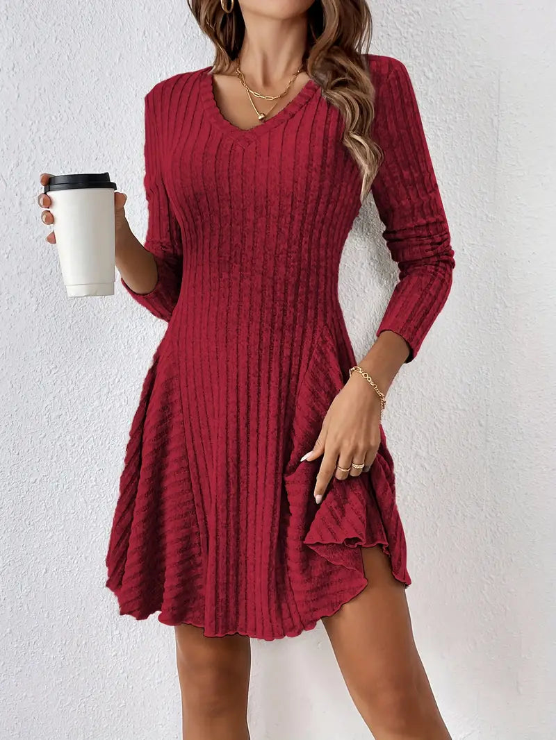 Women's ribbed knit A-line dress long sleeve casual everyday style with flattering silhouette