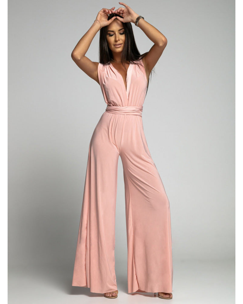 Black sleeveless backless deep V-neck jumpsuit elegant evening wear glamorous occasion modern fit