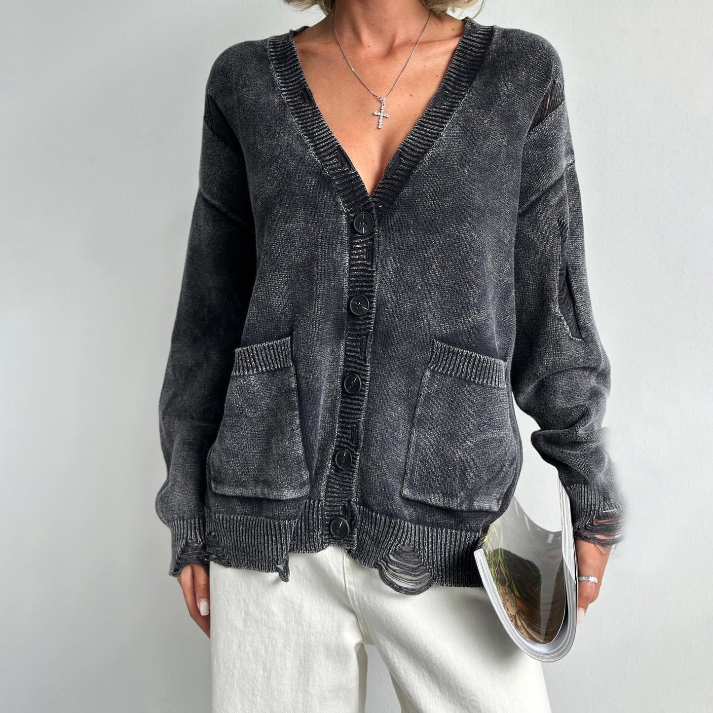 Women's washed-out knit cardigan vintage casual style soft lightweight worn-in finish