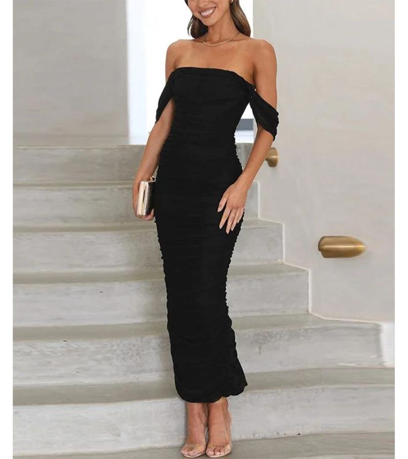 Black off-shoulder evening dress tailored draped silhouette elegant formal gown confident women