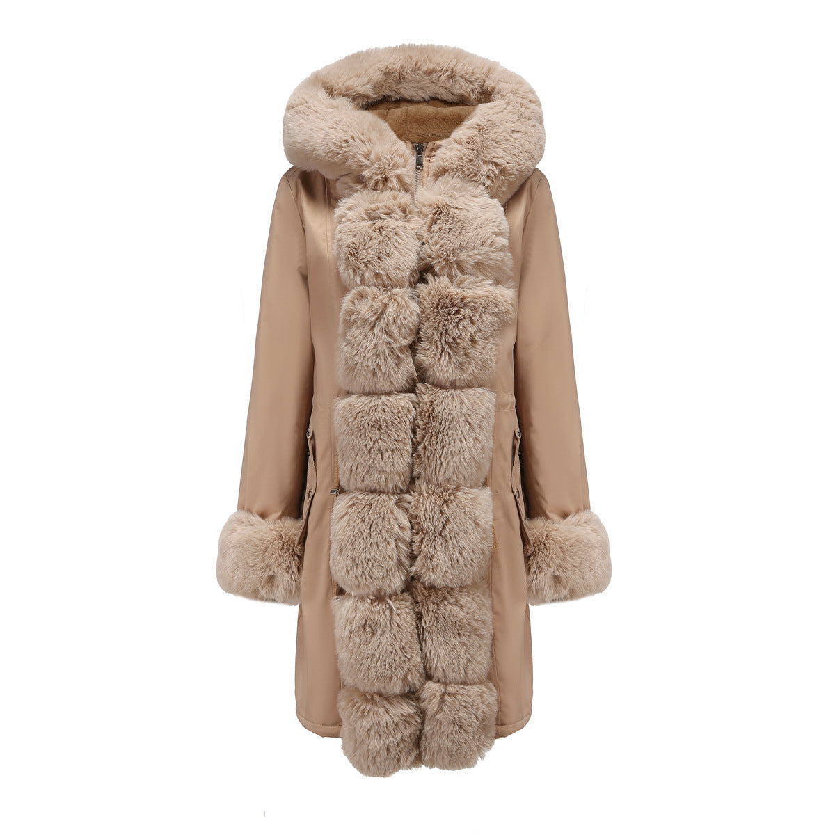 Women's mid-length quilted parka in elegant winter style with detachable faux fur collar