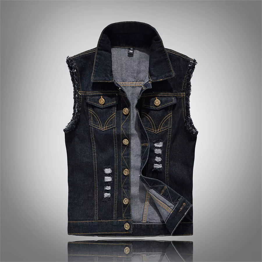Unisex heavyweight distressed denim vest with raw-cut armholes and functional chest pockets