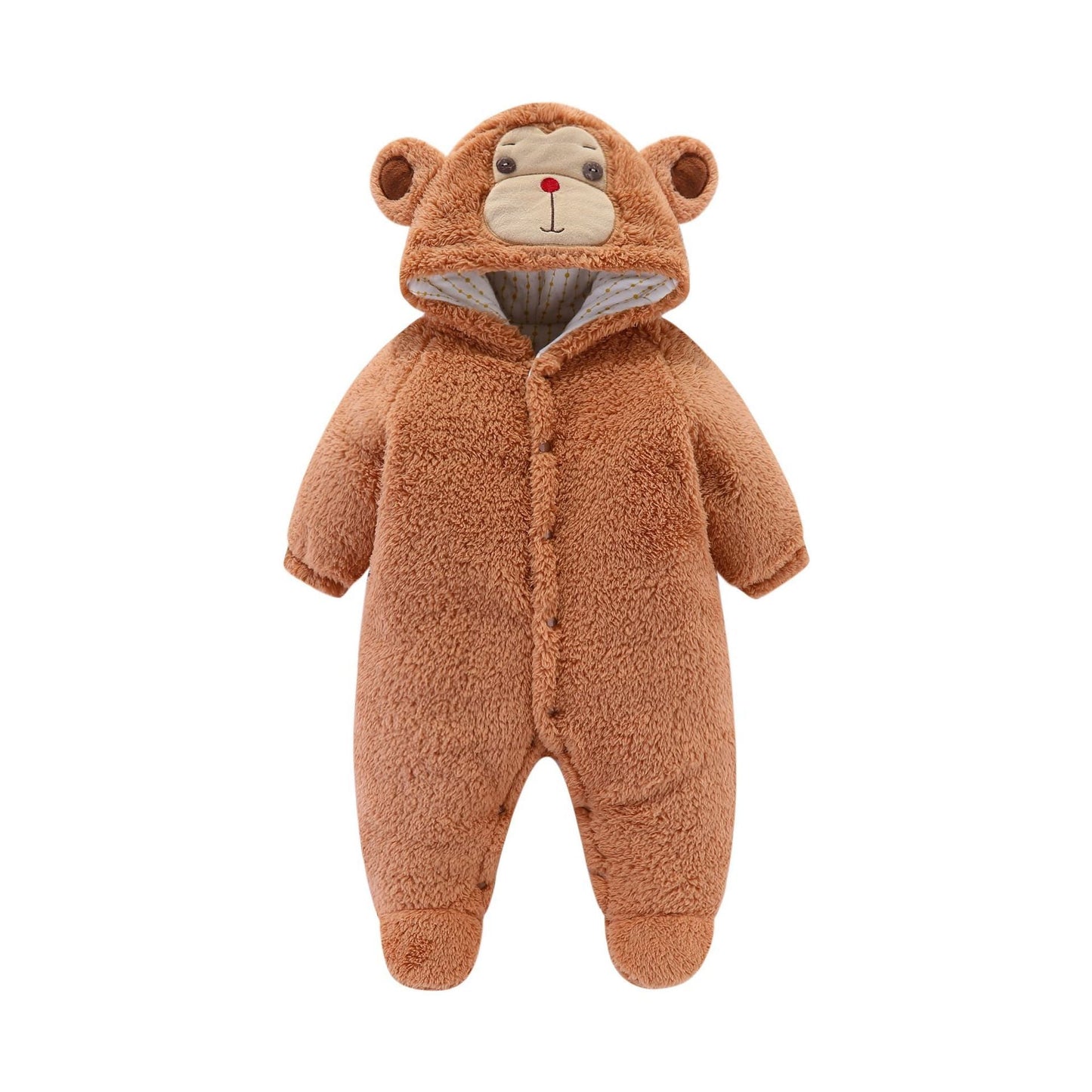 Ivory fluffy plush baby romper with cute animal hood, cozy one-piece for infants 0-12 months
