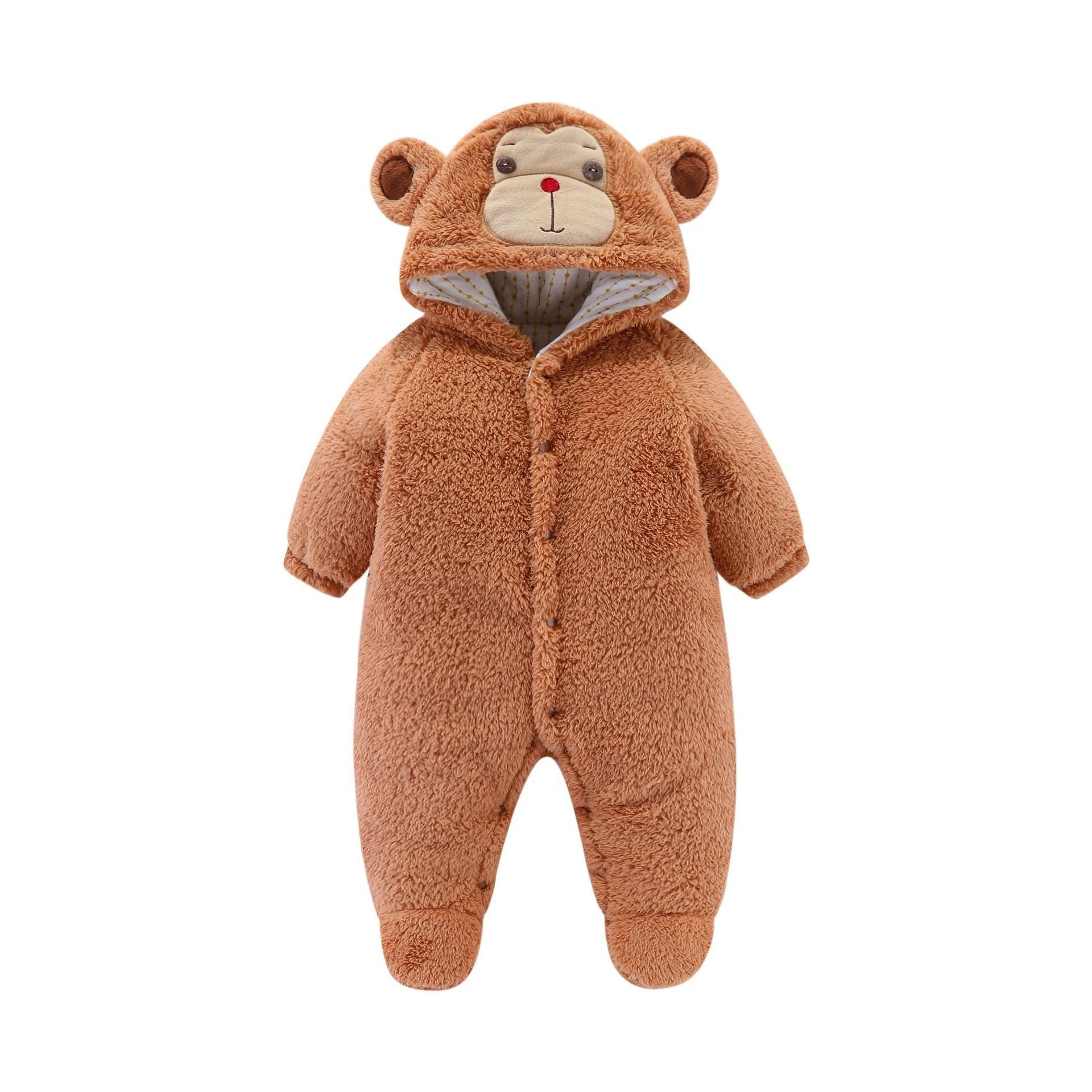 Ivory fluffy plush baby romper with cute animal hood, cozy one-piece for infants 0-12 months