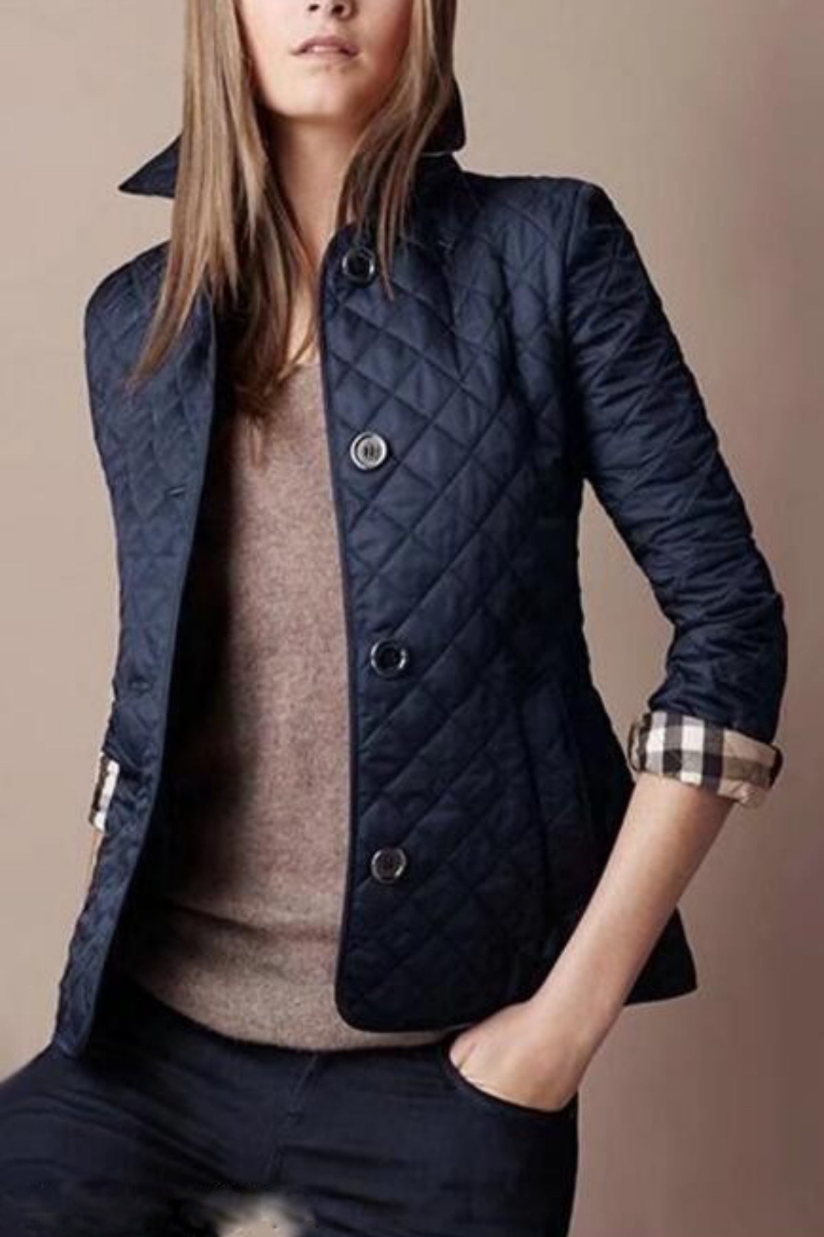 Women's winter puffer jacket tailored fit diamond quilting button closure versatile style