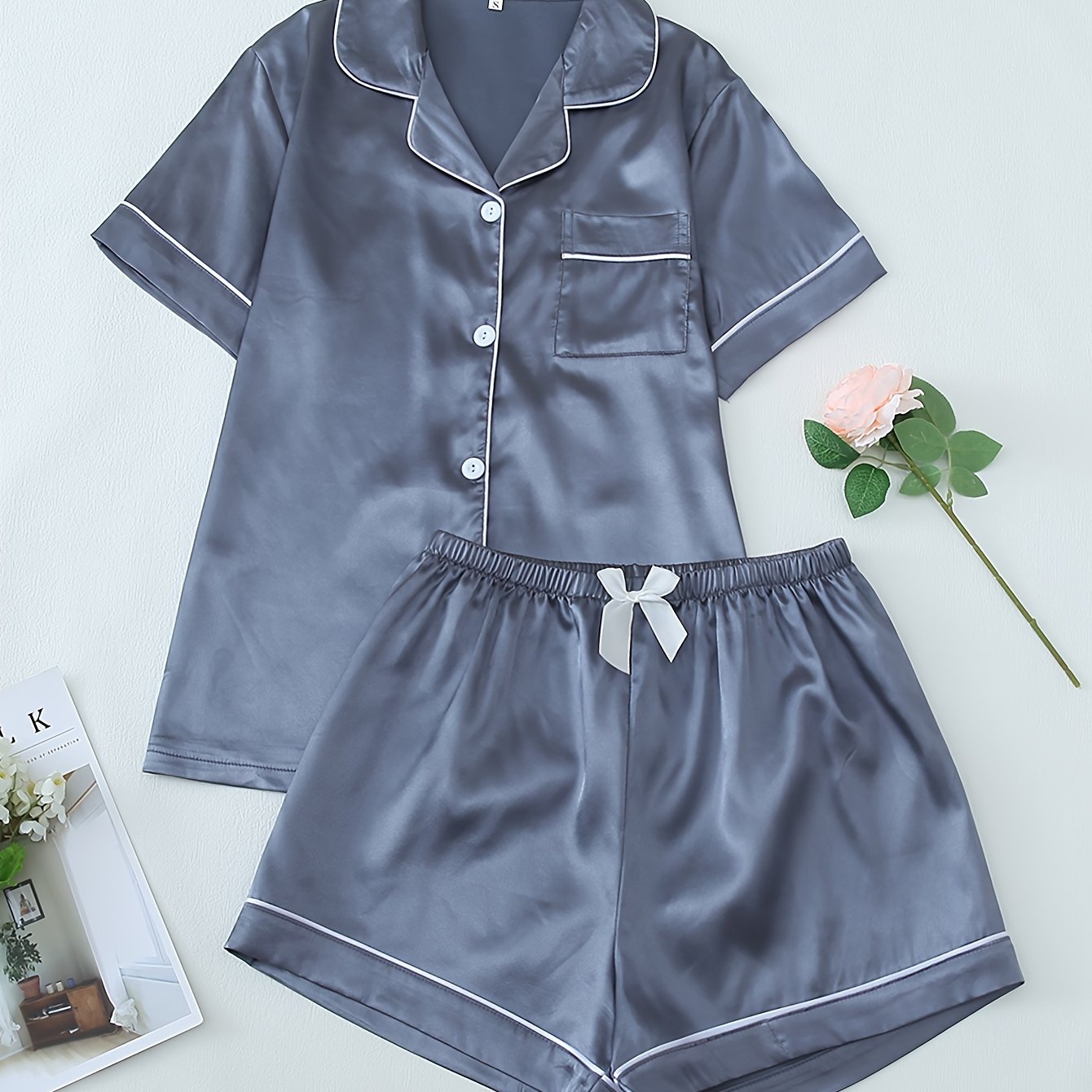 Women's pajama set with button closure top and elastic waist shorts, breathable cozy nightwear