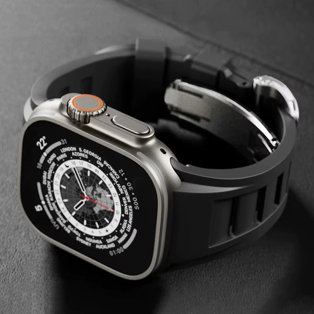 Rugged fluoroelastomer Apple Watch band in black with stainless steel clasp for extreme athletes