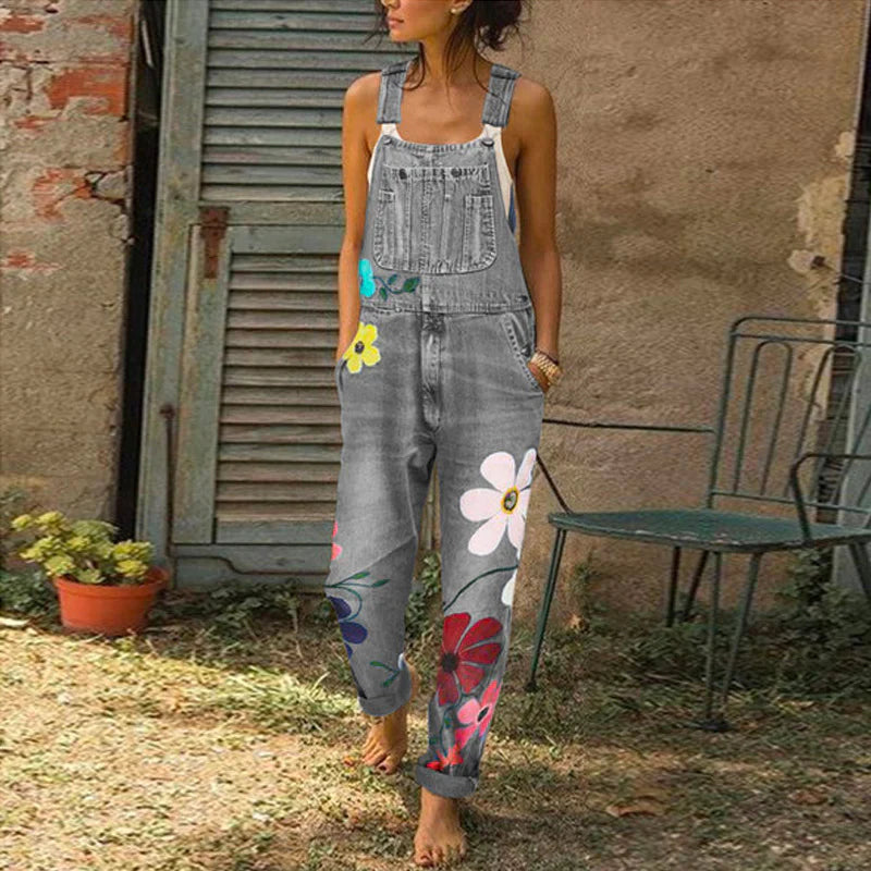 Women's floral print denim jumpsuit relaxed fit with subtle feminine motif all-day comfort
