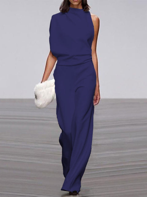 Women's sleeveless wide-leg jumpsuit round neck elegant one-piece minimalist silhouette
