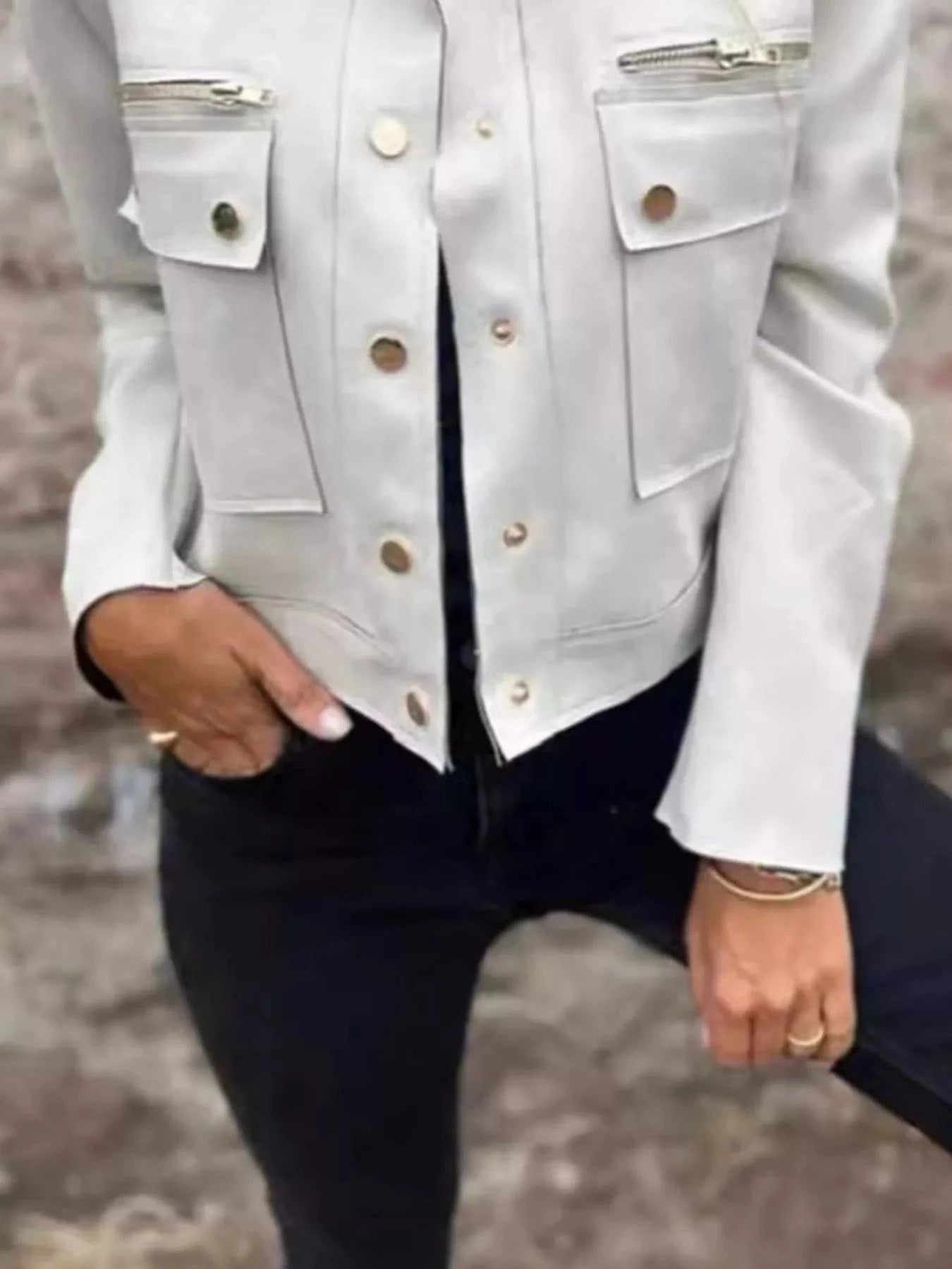 Women's ivory structured button jacket tailored silhouette with elegant hardware for work and outings