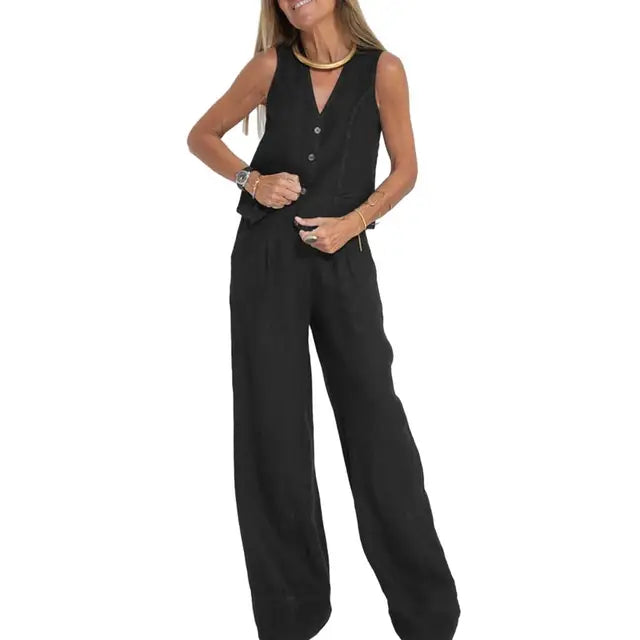 Women's chic relaxed two-piece vest and matching pants set, polished coordinated loungewear