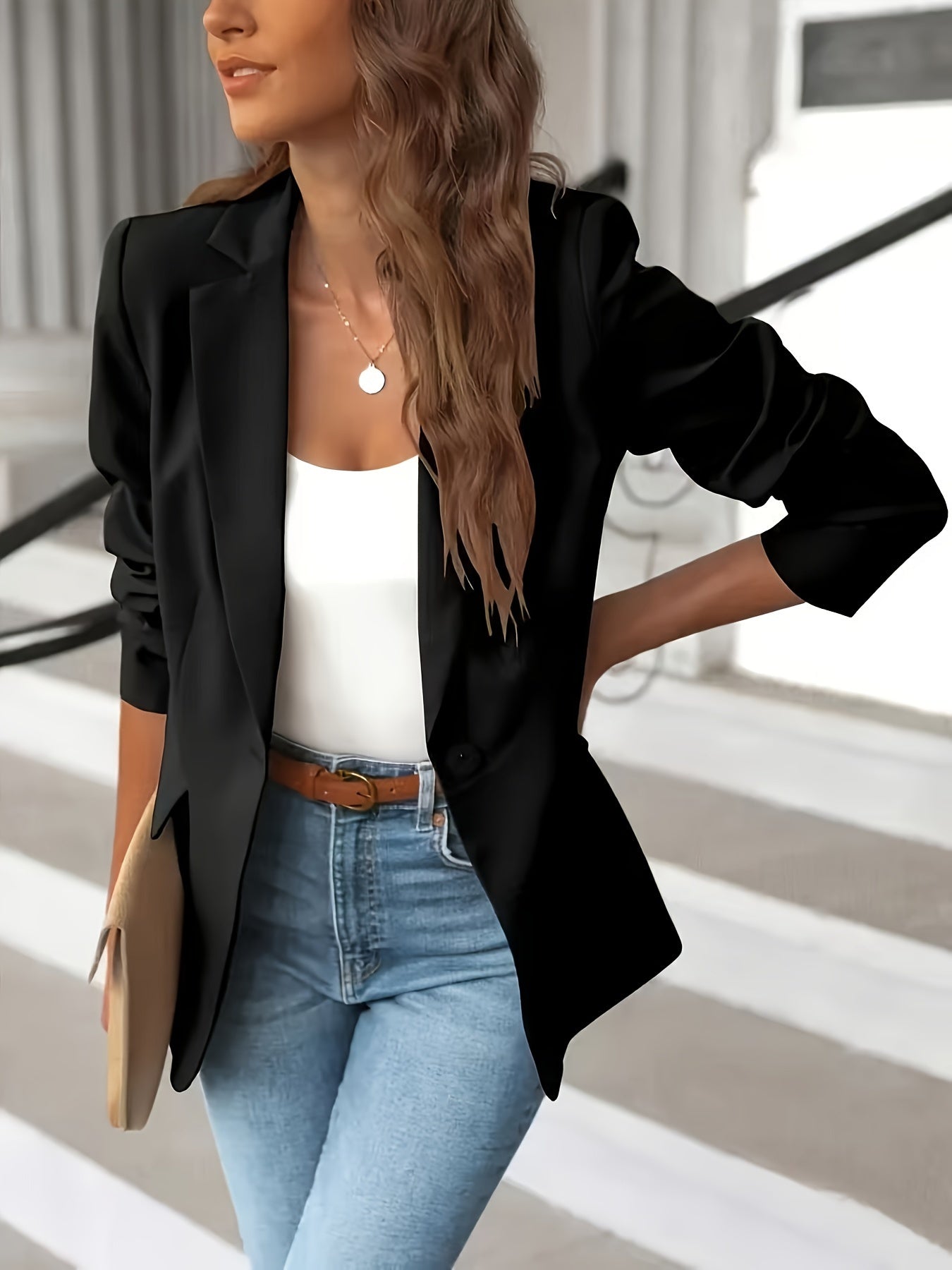 Women's single-button office blazer in neutral tone, slim tailored fit with sleek streamlined silhouette