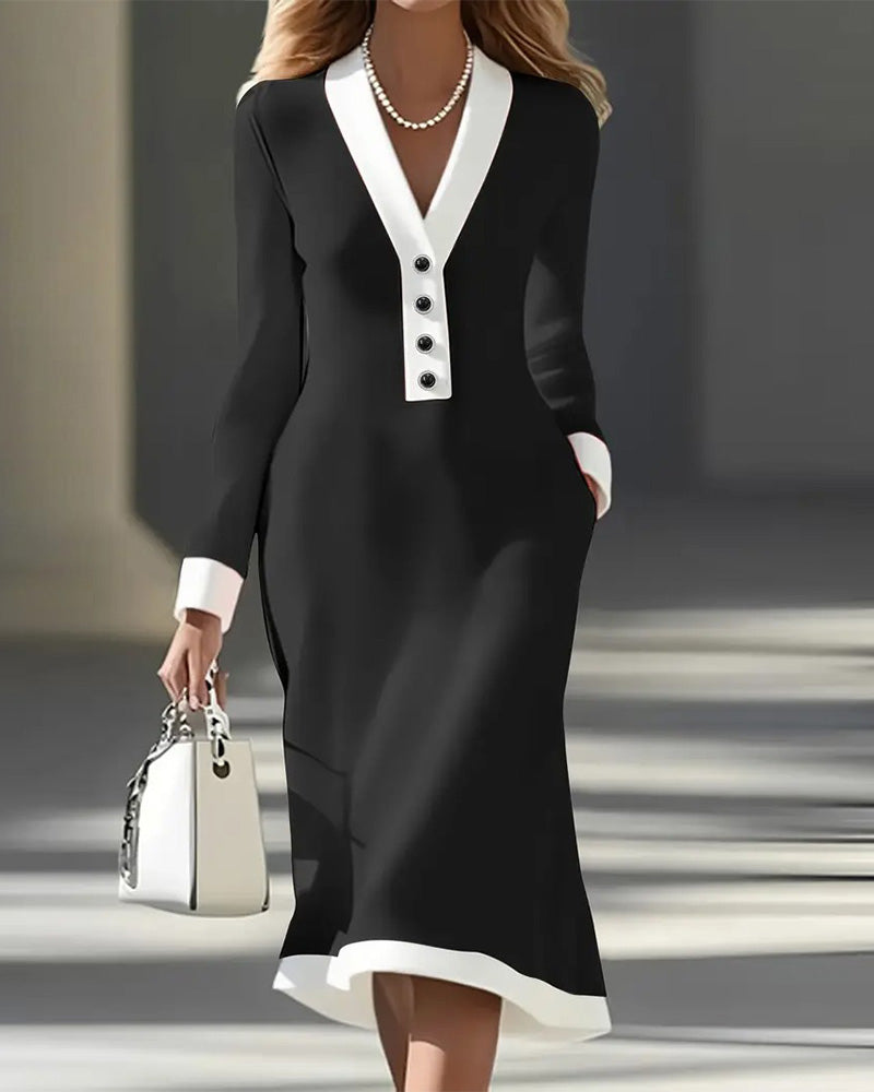 Women's contrast button midi dress tailored silhouette V-neckline trim workwear formal style