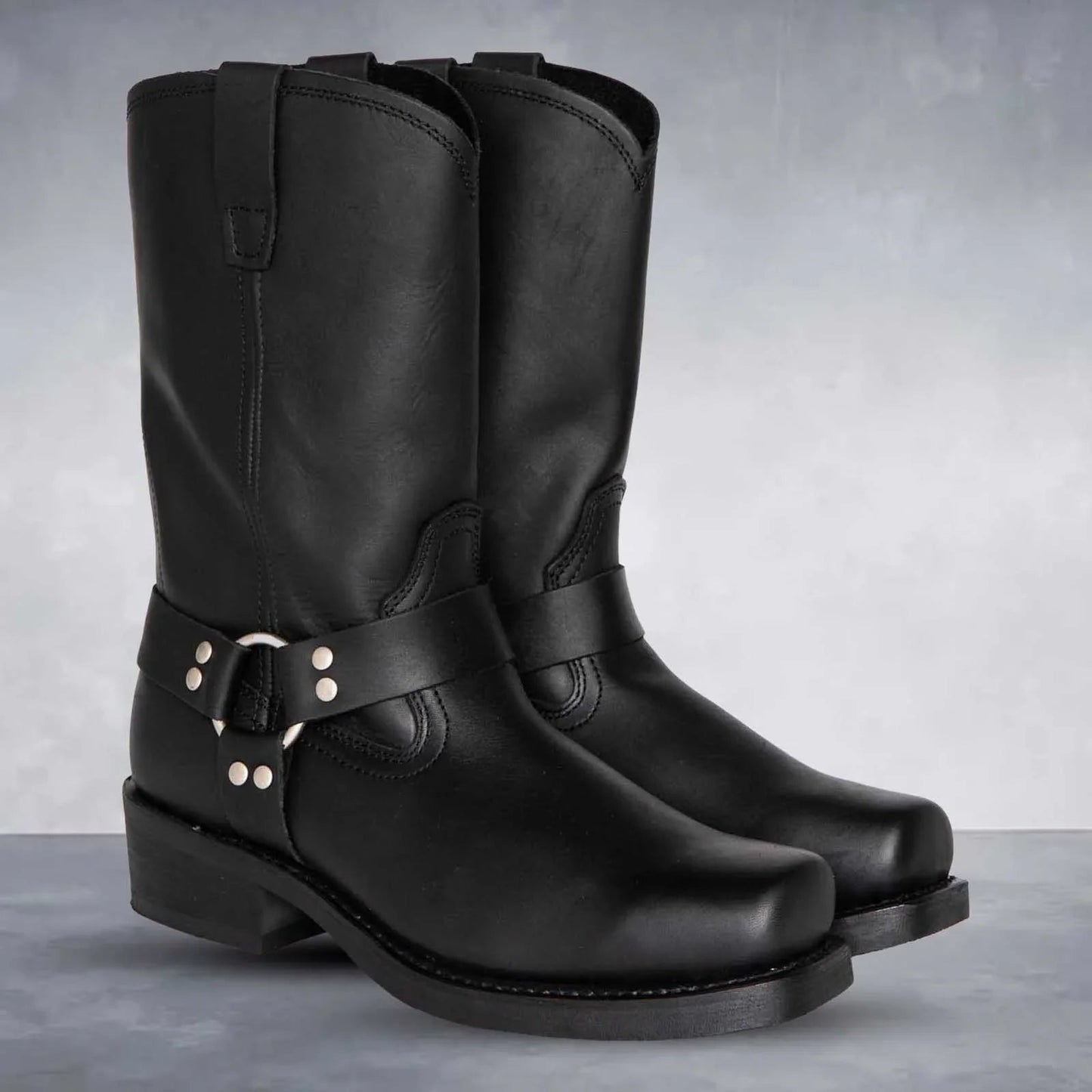 Women's brown PU leather mid-calf cowboy boots with harness strap Western pull-on design