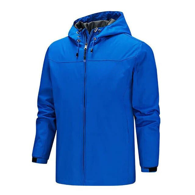 Men's black hooded rain jacket regular fit with sealed seams, water resistant weatherproof outerwear