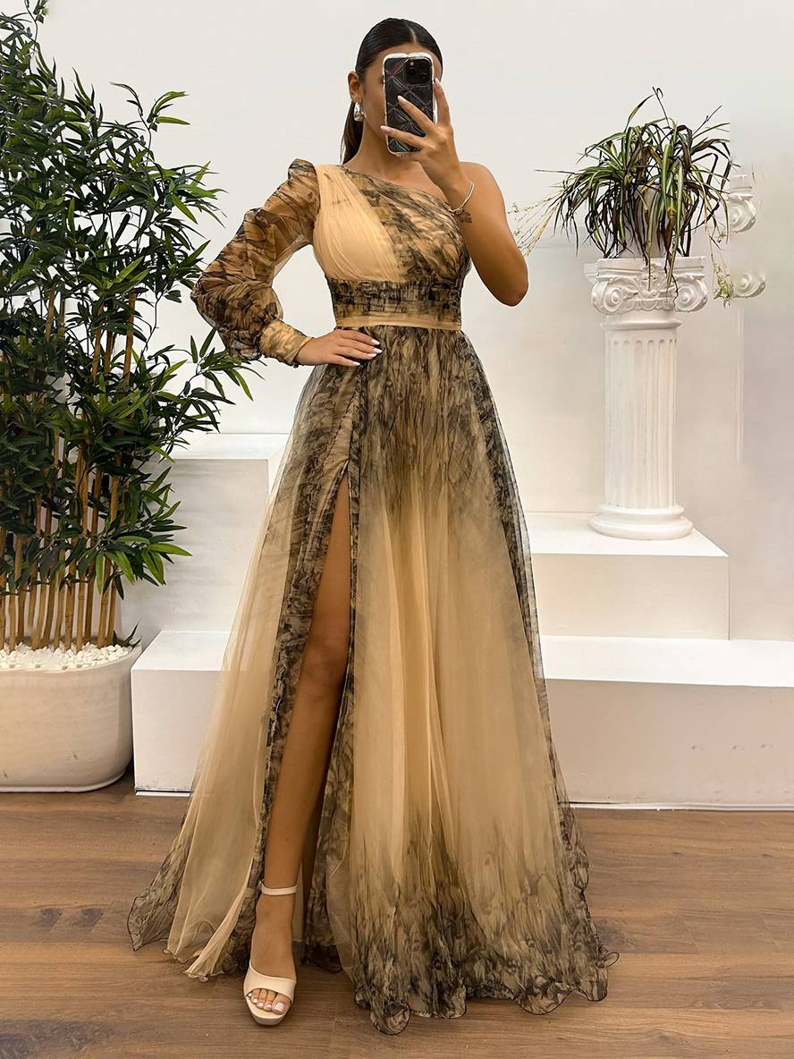 Adeline floral maxi dress one-shoulder asymmetric silhouette tulle split side slit elegant evening gown