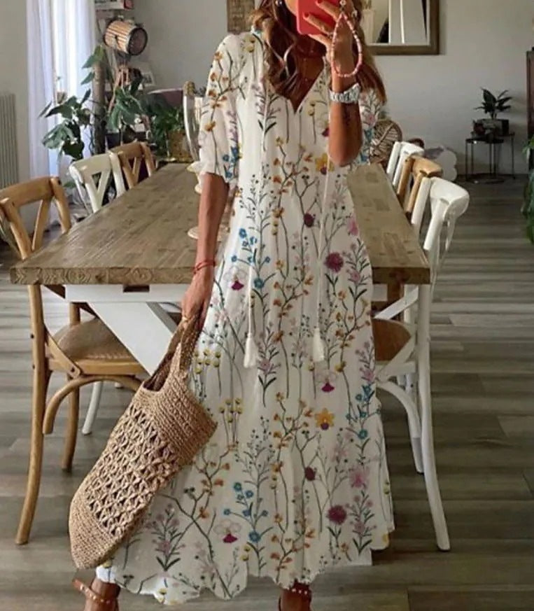 Women's printed V-neck maxi dress loose fit polyester casual everyday vacation long silhouette