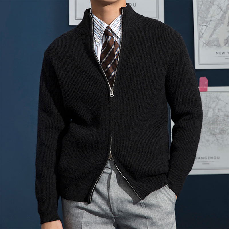 Men's slim fit wool blend cardigan with zipper closure and high collar in versatile modern style